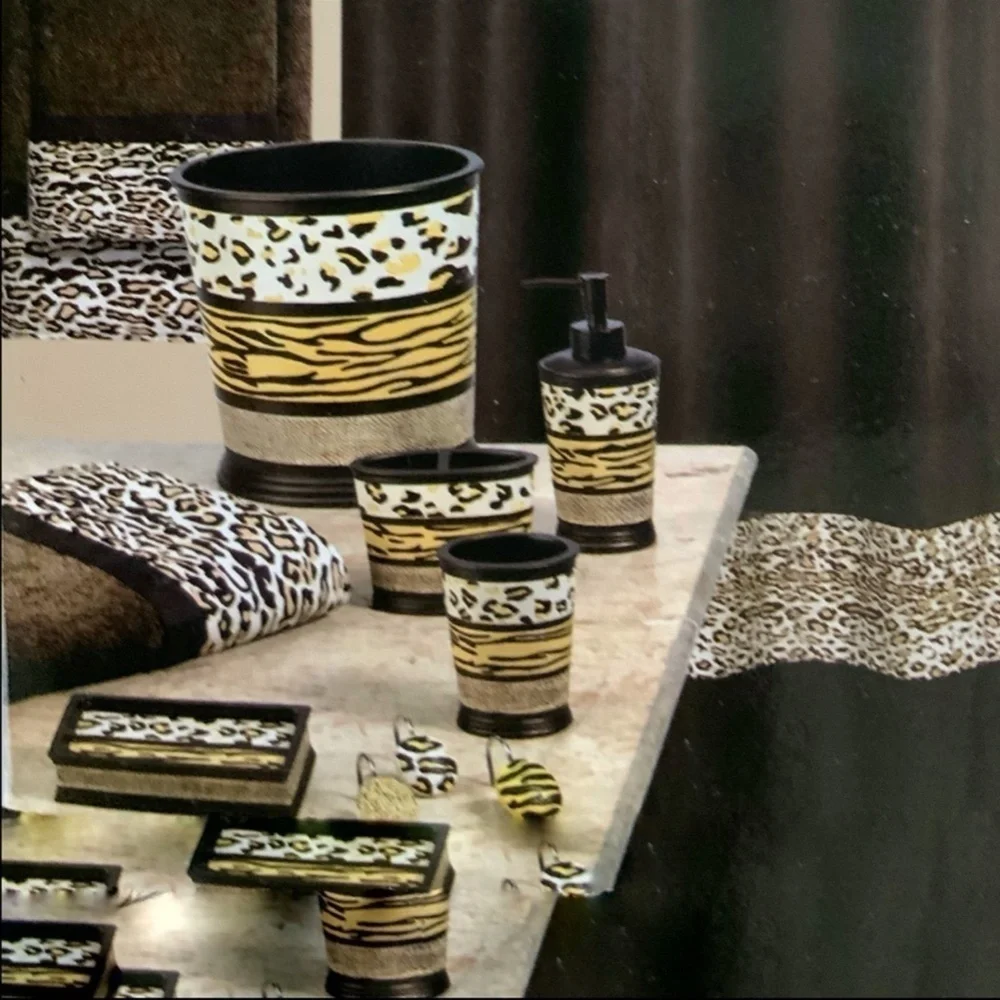 Animal Print Exotic Bathroom Accessory 4 Piece Set Brown Tan Multicolor Gazelle